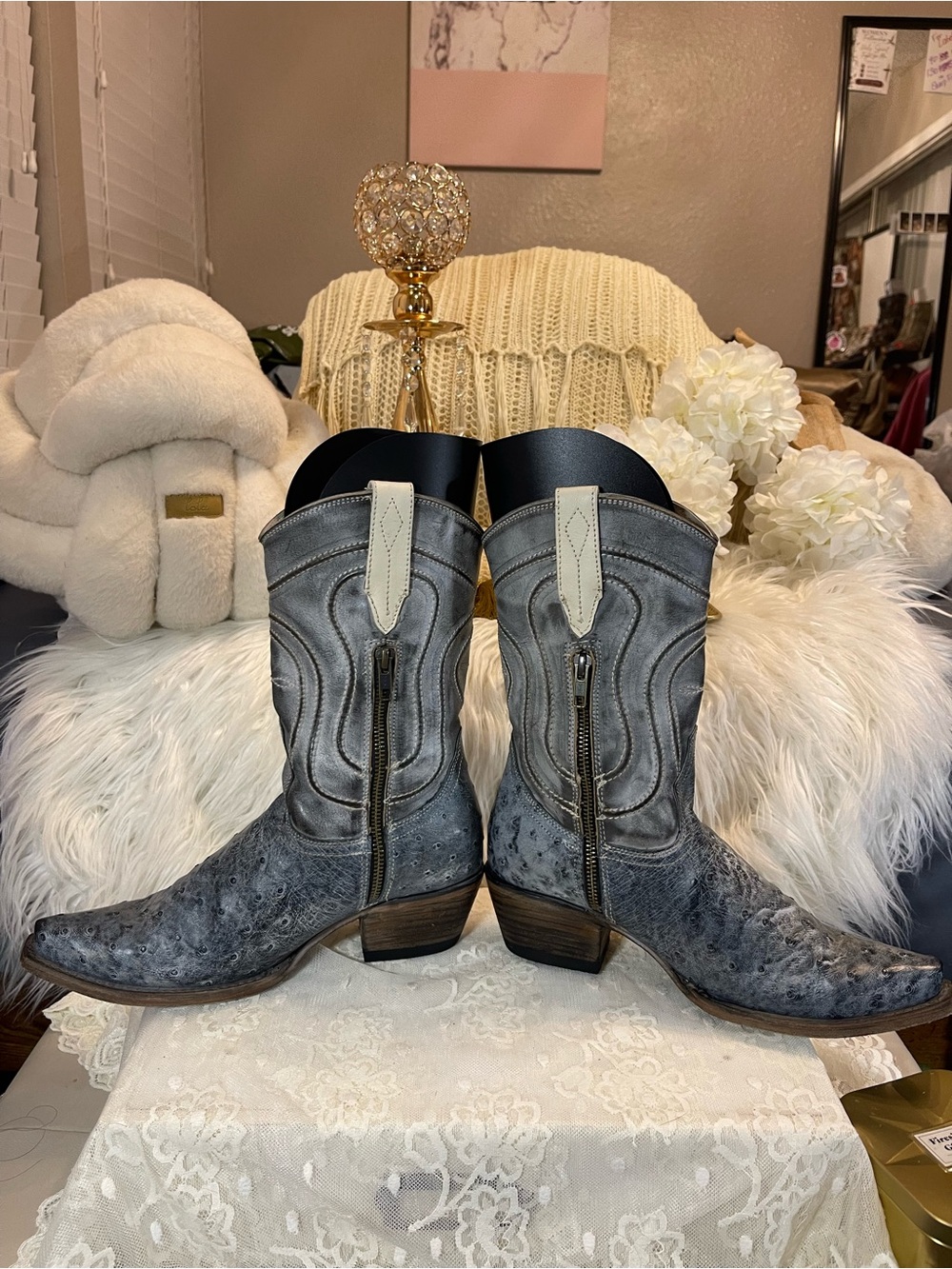 Freebird Warrick Exotic Leather Boots in Ice Ostrich Multi Colorway MSRP$525 - Picture 3 of 9